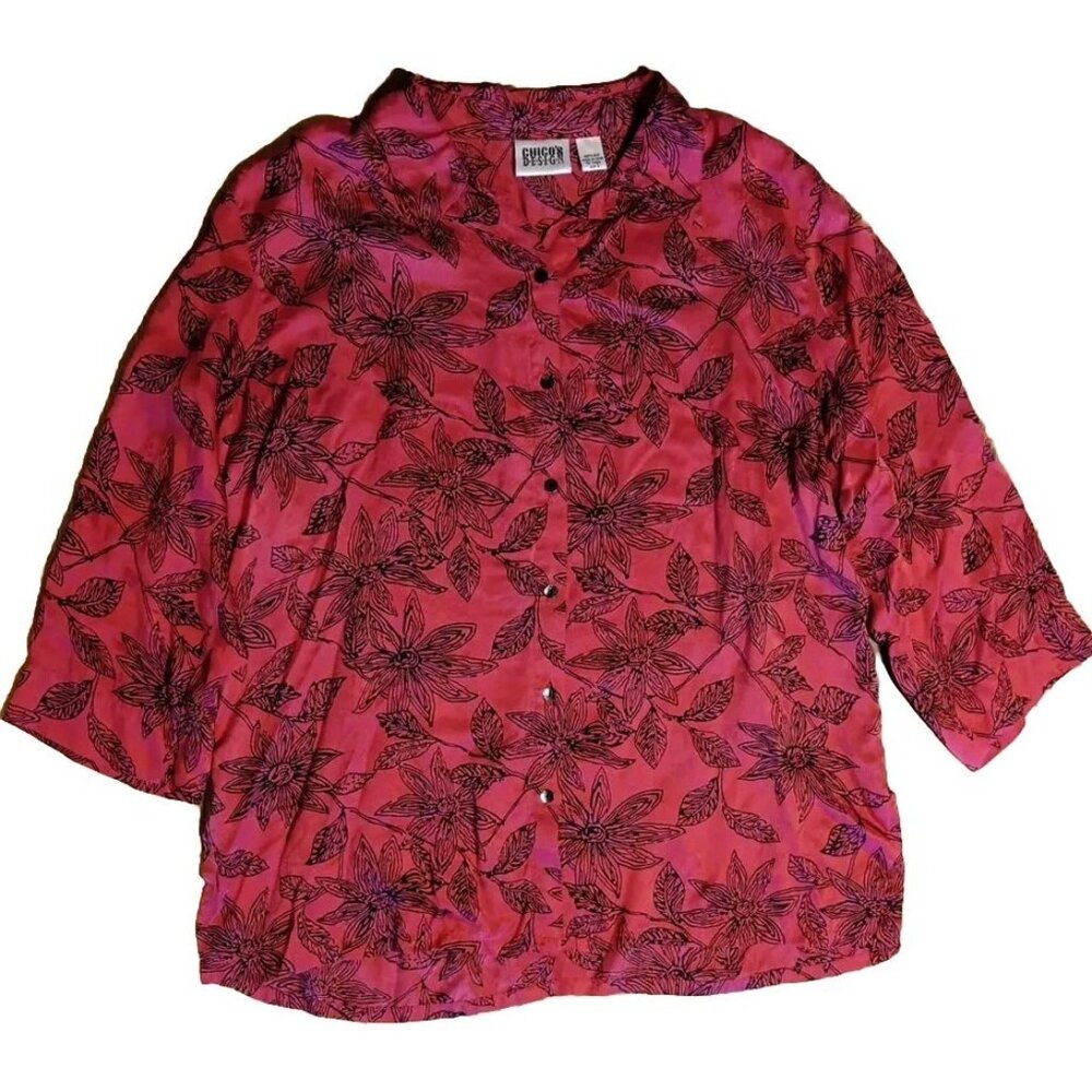 Vtg Chicos Design 3 Women 16 Red 100% Silk Blouse Button Front Floral 3/4 Sleeve